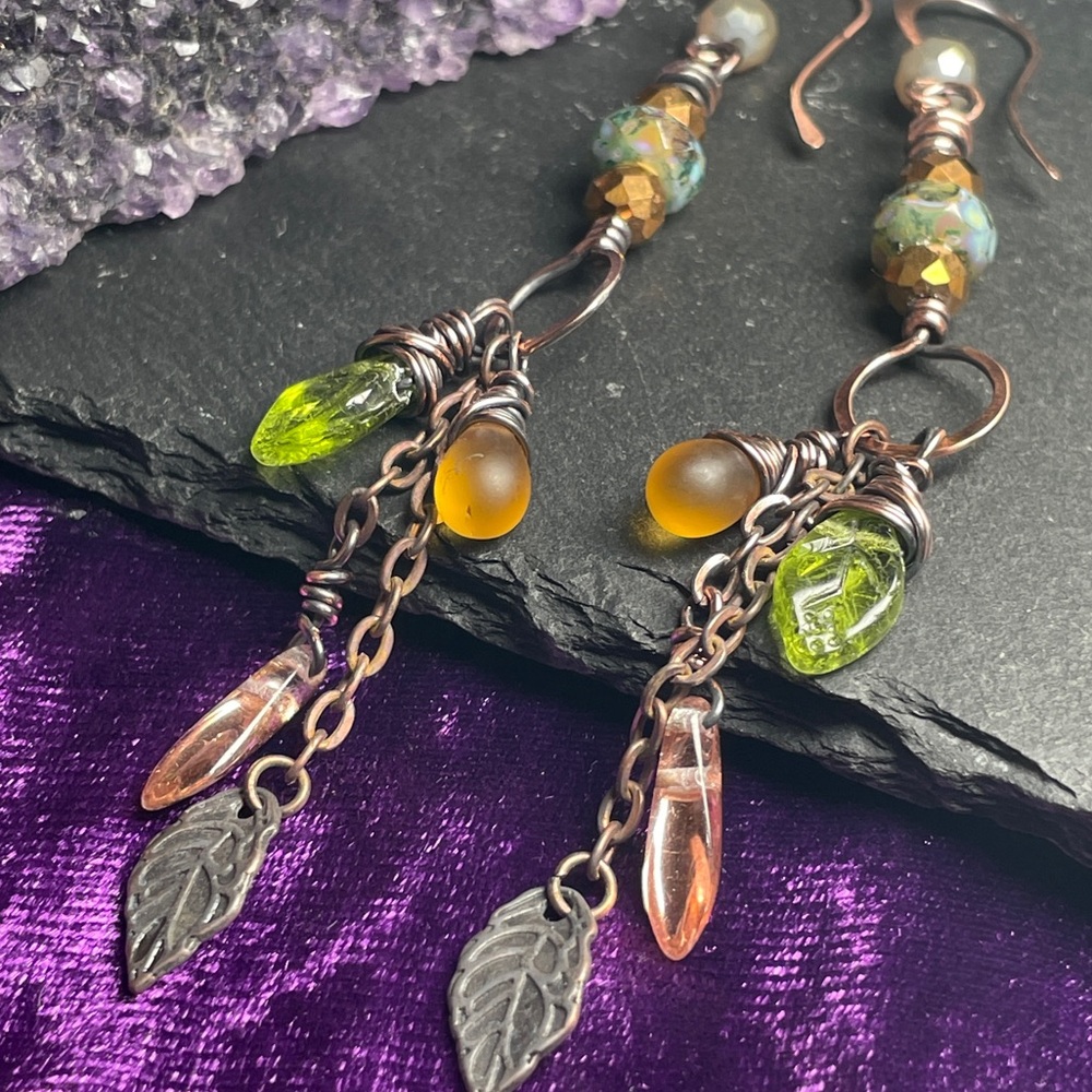 Rustic Copper Leaf Earrings | Woodland Fairycore Jewelry | Artisan - Picture 4 of 15